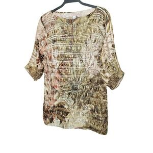Madeleine Metallic Gold Brown Drop Knit Top Textured Lightweight Blouse Stretchy